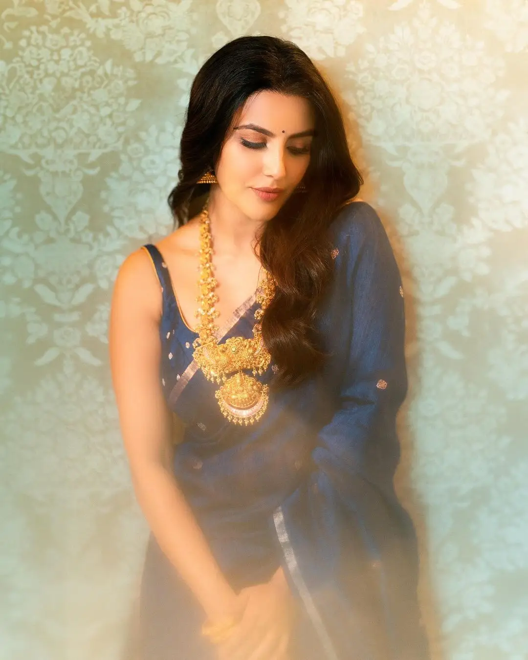 Priya Anand Images in Indian Tradition Blue Color Saree Sleeveless Blouse